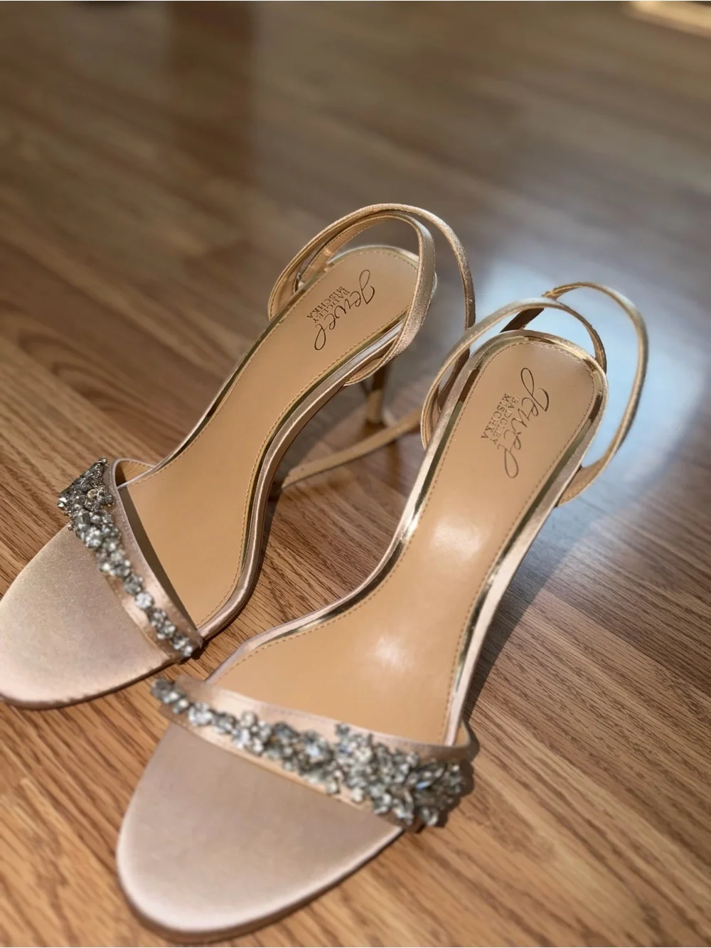 Badgley Mischka Champagne Crystal-Embellished Ankle-Strap Heels